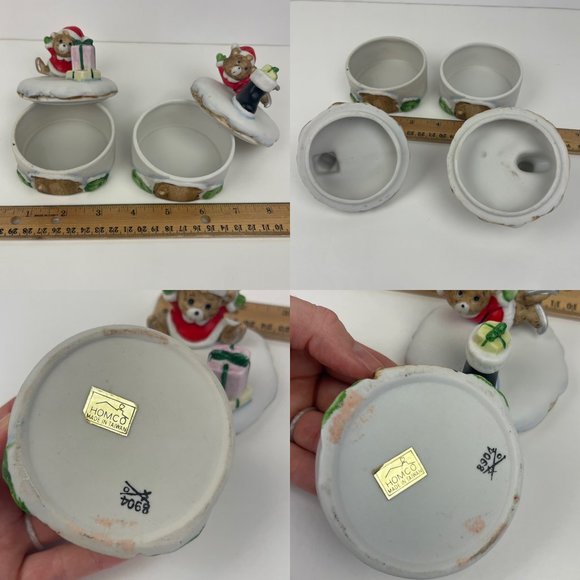 Vtg 2 Homco Christmas Holiday Teddy Bears Trinket Box Round Porcelain w Lid Deco - Picture 9 of 11